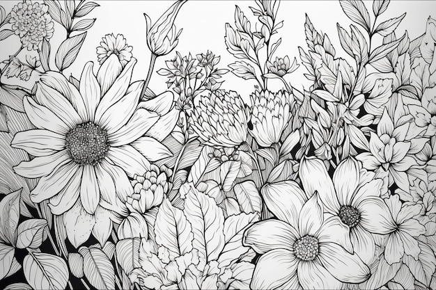 Un dessin noir et blanc de fleurs avec le titre "fleurs"