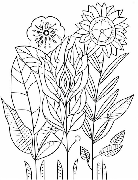 Un dessin noir et blanc de fleurs et d'un tournesol.