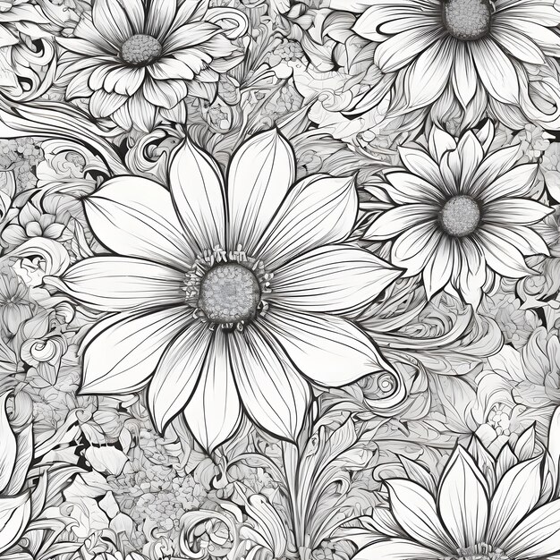 dessin en noir et blanc de fleurs