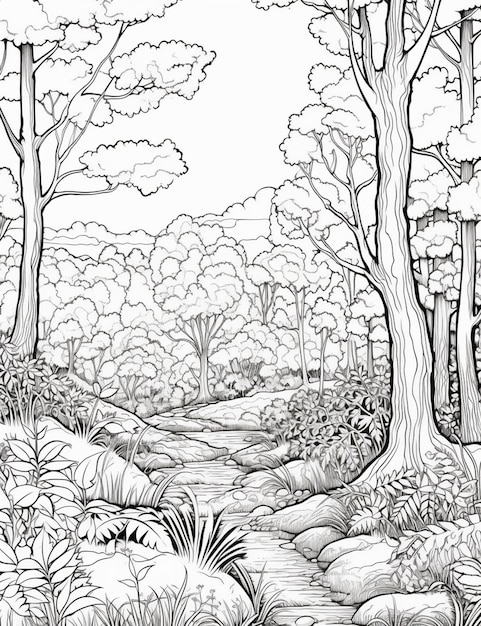 un dessin en noir et blanc d'une forêt avec une IA générative de flux