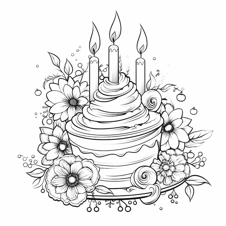 un dessin en noir et blanc d'un gâteau avec des bougies entourées de fleurs ai générative
