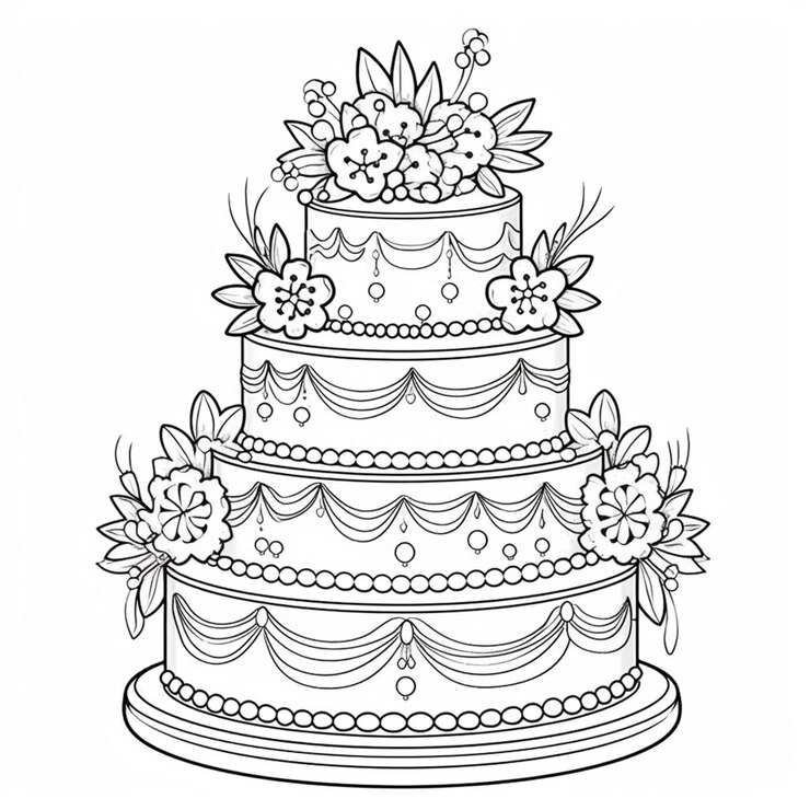 Un dessin en noir et blanc d'un gâteau à trois étages avec des fleurs ai générative