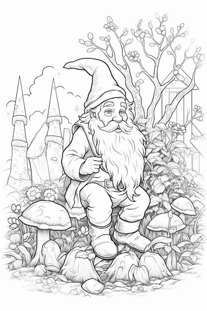 Un dessin noir et blanc d'un gnome assis sur un rocher ai génératif