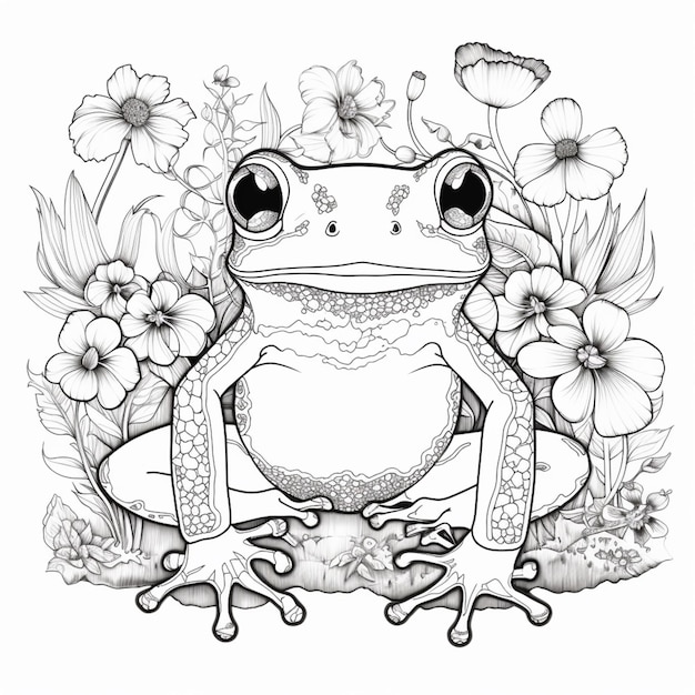 un dessin en noir et blanc d'une grenouille avec des fleurs ai générative