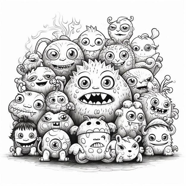 Photo un dessin en noir et blanc d'un groupe de monstres ai génératif