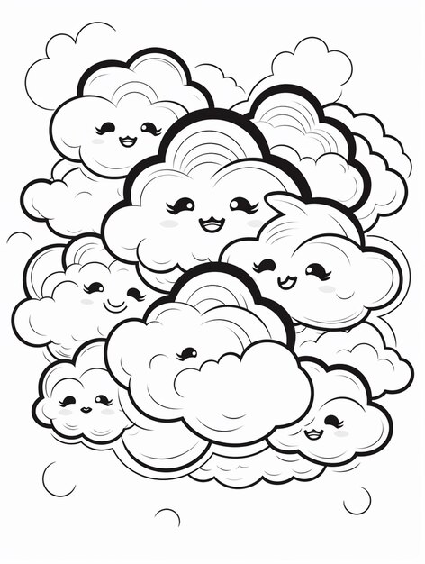 Photo un dessin en noir et blanc d'un groupe de nuages avec des visages génératifs ai