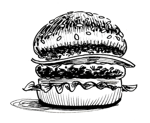Un dessin en noir et blanc d'un hamburger avec un morceau de viande dessus.