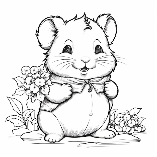 un dessin en noir et blanc d'un hamster avec des fleurs