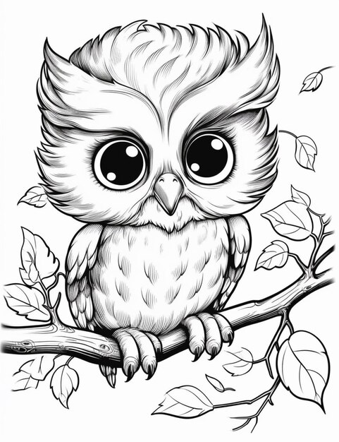 un dessin en noir et blanc d'un hibou assis sur une branche générative ai