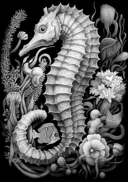 un dessin en noir et blanc d'un hippocampe entouré de plantes et de poissons ai génératif