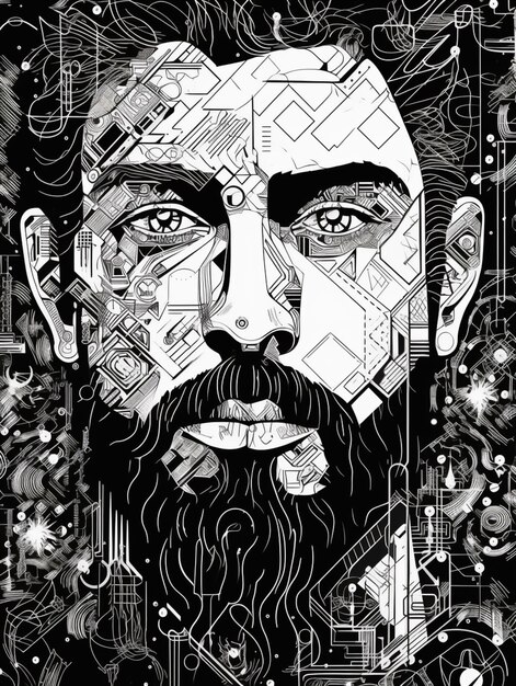 un dessin en noir et blanc d'un homme avec une barbe générative ai