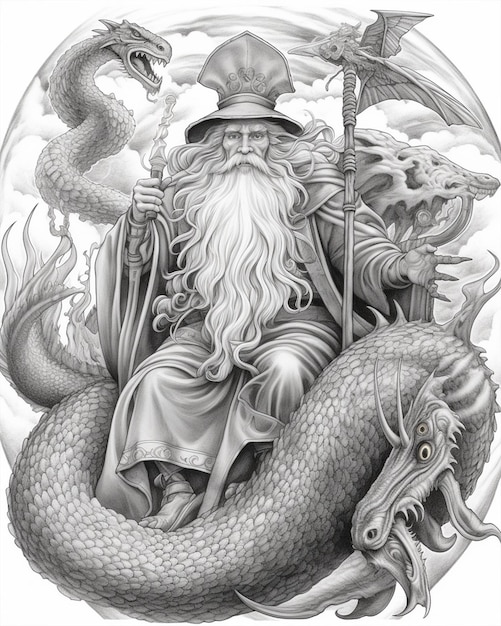 Photo un dessin en noir et blanc d'un homme barbu sur un dragon.