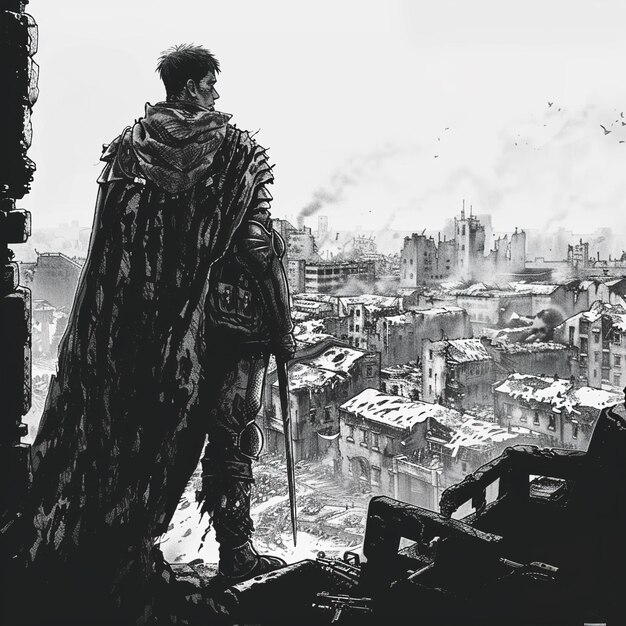 un dessin en noir et blanc d'un homme dans une cape et une cape debout sur un rebord