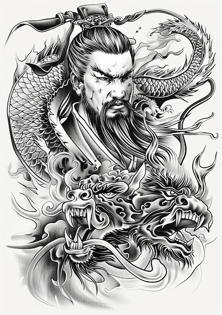 un dessin en noir et blanc d'un homme avec un dragon sur son épaule