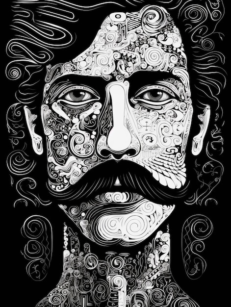 un dessin en noir et blanc d'un homme avec une moustache générative ai