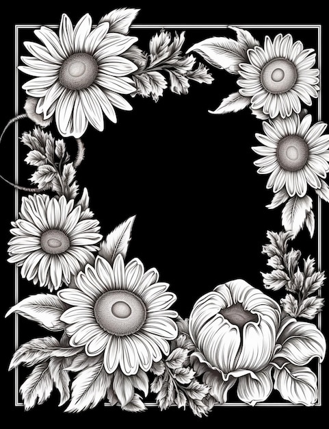 un dessin en noir et blanc d'une IA générative de cadre de fleur