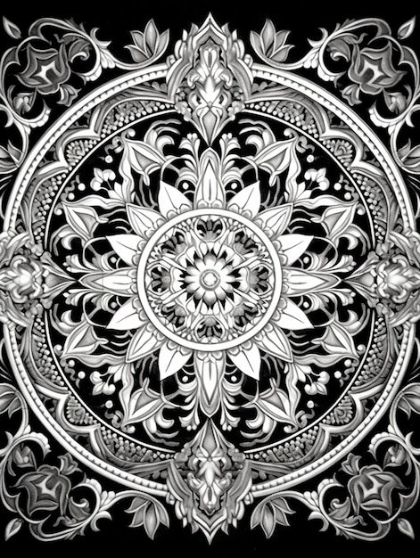 un dessin en noir et blanc d'une IA générative de motif floral circulaire