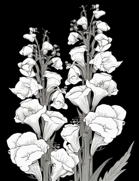 Un dessin en noir et blanc d'iris blancs.