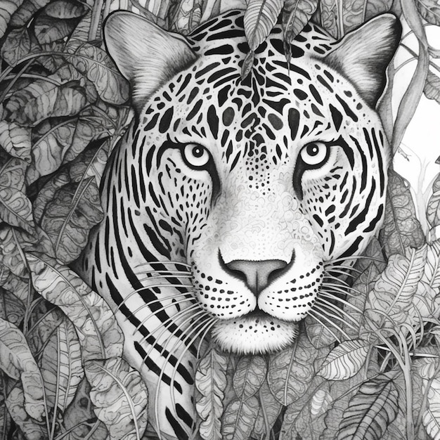 Un dessin en noir et blanc d'un jaguar dans la jungle.