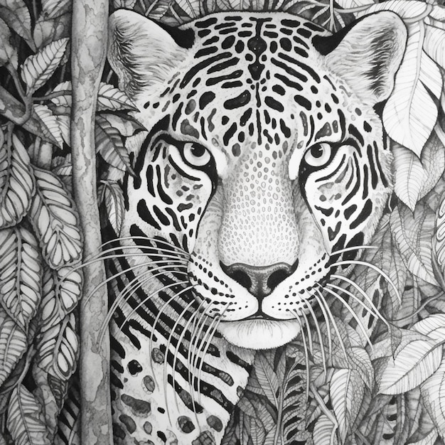 Un dessin en noir et blanc d'un jaguar avec le visage d'une jungle.