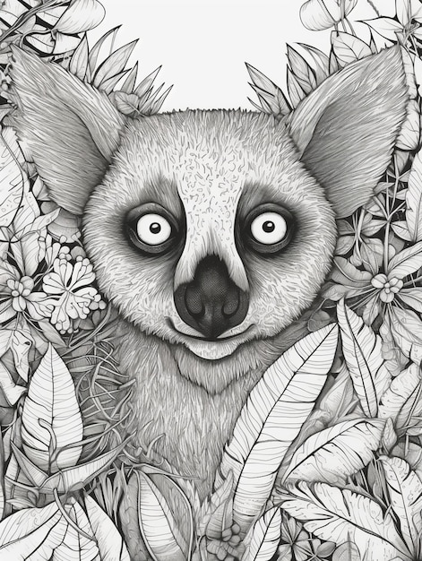 un dessin en noir et blanc d'un koala dans un buisson ai génératif