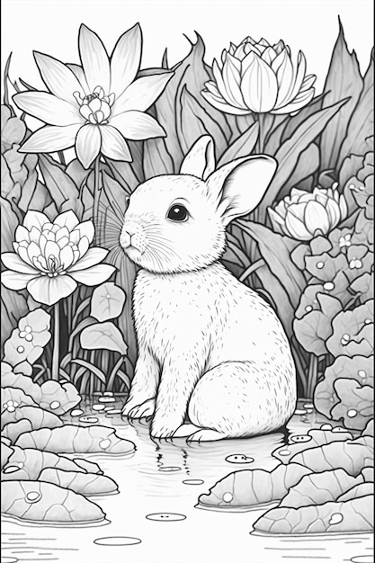 Un dessin en noir et blanc d'un lapin assis dans un étang avec des fleurs et les mots " bunny " au fond.