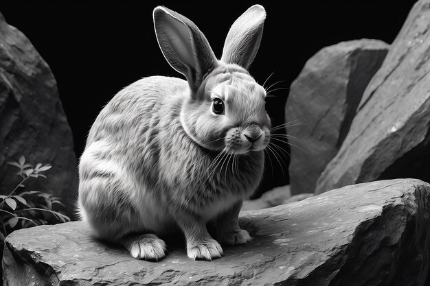 Un dessin en noir et blanc d'un lapin assis sur une roche générative ai