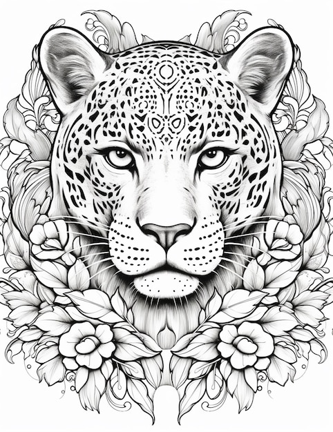 un dessin en noir et blanc d'un léopard avec des fleurs