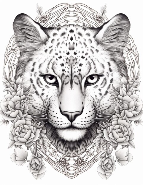 Photo un dessin en noir et blanc d'un léopard avec des roses autour de lui