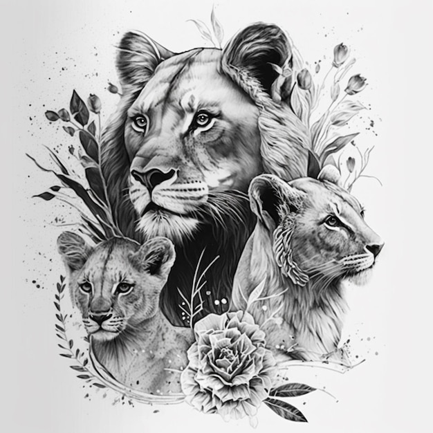 un dessin en noir et blanc d'un lion ai génératif