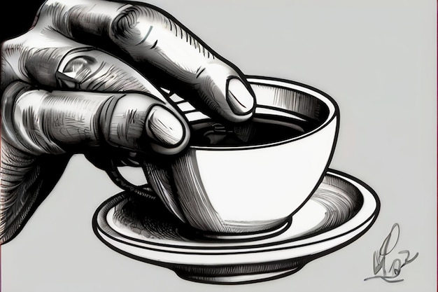 Photo dessin en noir et blanc de la main avec de l'encre de tasse de café
