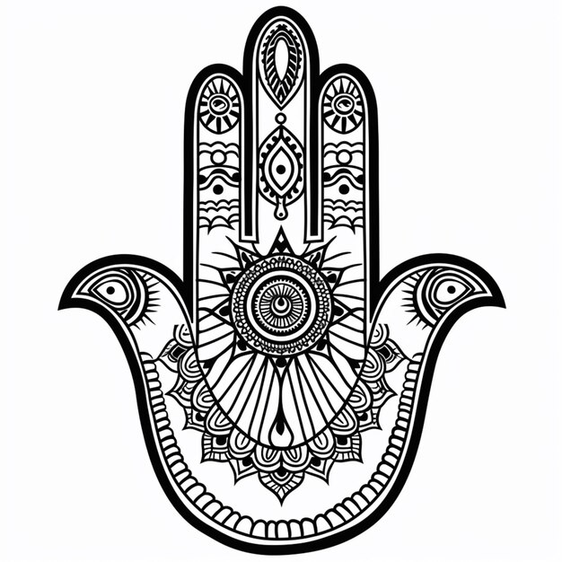 un dessin en noir et blanc d'une main hamsa avec des dessins complexes