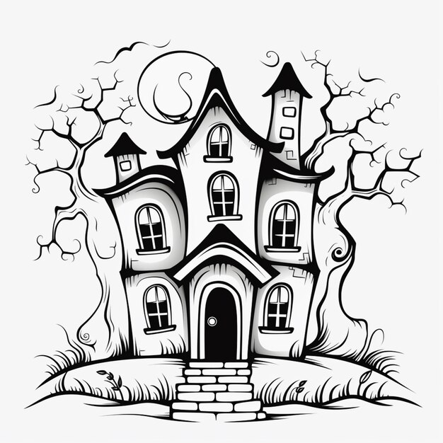 un dessin en noir et blanc d'une maison avec un arbre devant l'IA générative