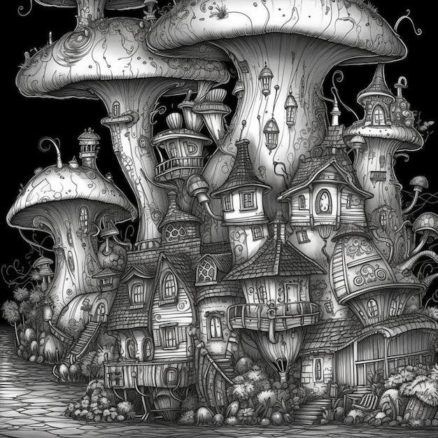 un dessin en noir et blanc d'une maison aux champignons avec beaucoup de champignons ai générative