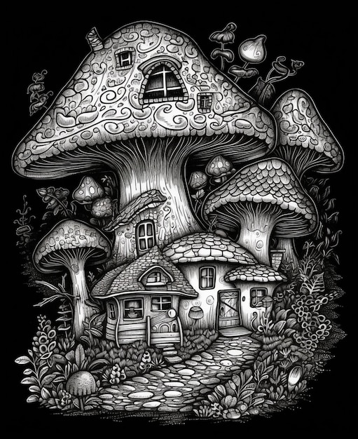 un dessin en noir et blanc d'une maison aux champignons avec une IA générative d'arbre