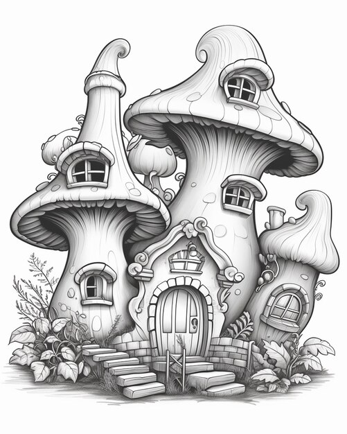 un dessin en noir et blanc d'une maison aux champignons avec une porte ai générative