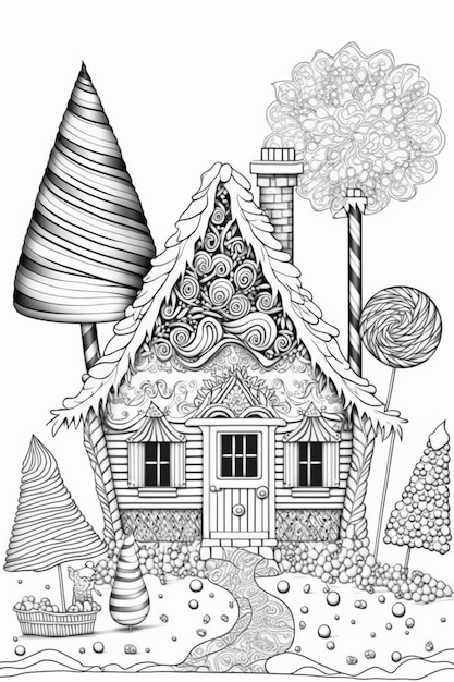 un dessin en noir et blanc d'une maison avec une canne à bonbons générative ai