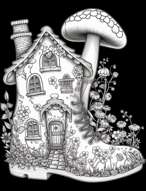 un dessin en noir et blanc d'une maison avec un champignon dessus IA générative