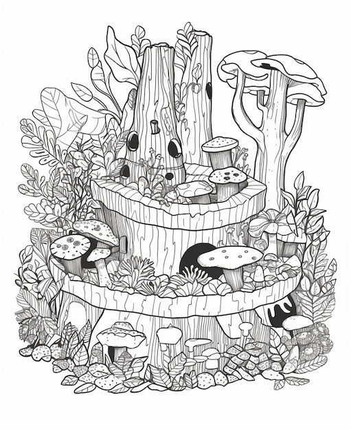 Un dessin en noir et blanc d'une maison champignon avec une structure en forme de champignon.