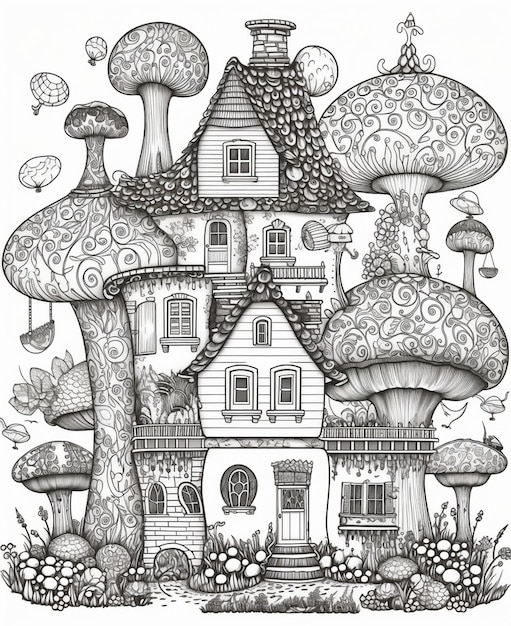 Un dessin en noir et blanc d'une maison avec une champignonnière dessus.