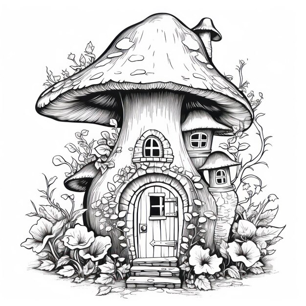 un dessin en noir et blanc d'une maison de champignons avec un champignon sur le devant.