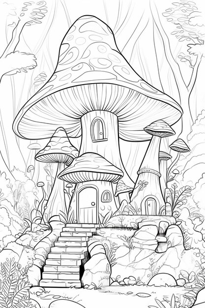 Photo un dessin en noir et blanc d'une maison de champignons dans les bois génératif ai