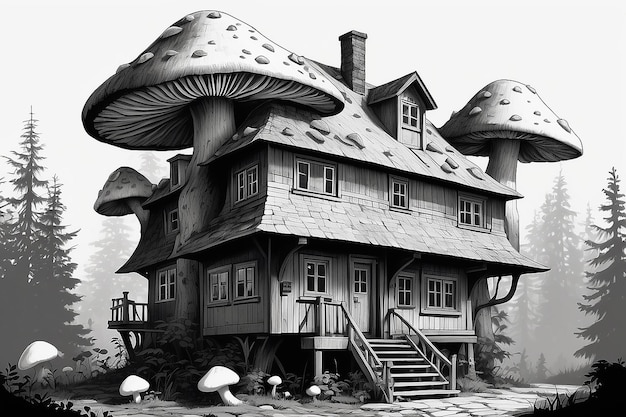 Un dessin en noir et blanc d'une maison avec des champignons sur le toit