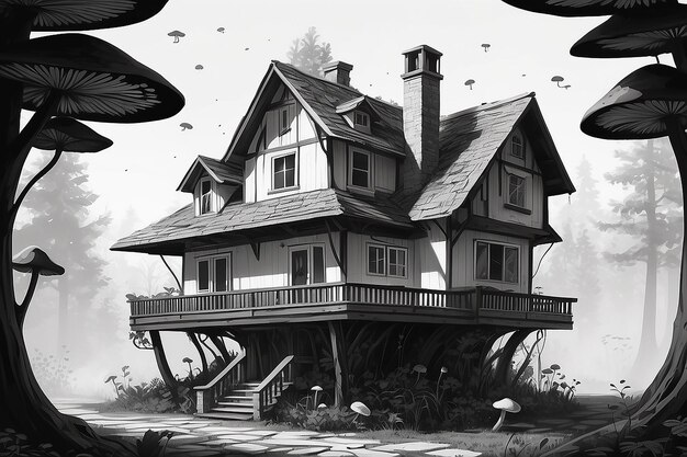 Un dessin en noir et blanc d'une maison avec des champignons sur le toit