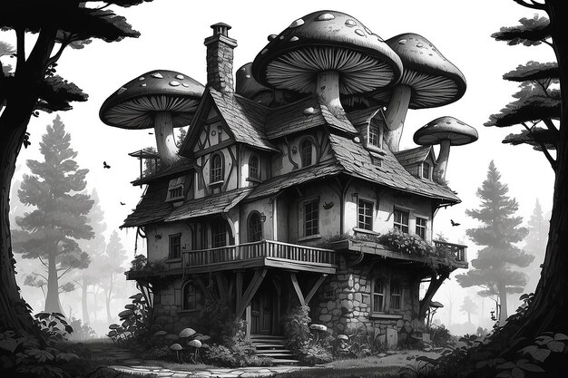 Un dessin en noir et blanc d'une maison avec des champignons sur le toit
