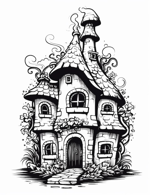 Un dessin noir et blanc d'une maison avec une cheminée générative ai