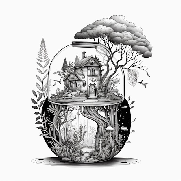 Un dessin noir et blanc d'une maison dans un bocal générative ai