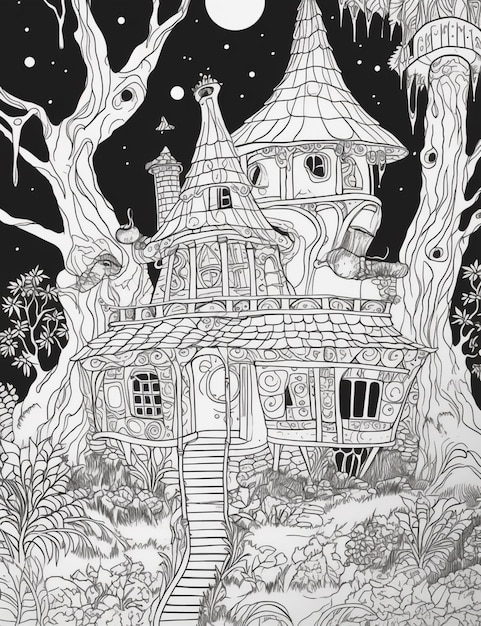 un dessin en noir et blanc d'une maison dans les bois IA générative