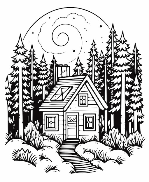 un dessin en noir et blanc d'une maison dans les bois IA générative