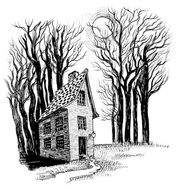 Un dessin en noir et blanc d'une maison dans les bois.